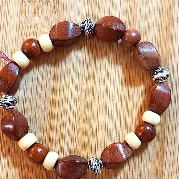 Hand Crafted Bracelet Brown Beige Wooden Metal Beads Stretch Unisex - Picture 1 of 4